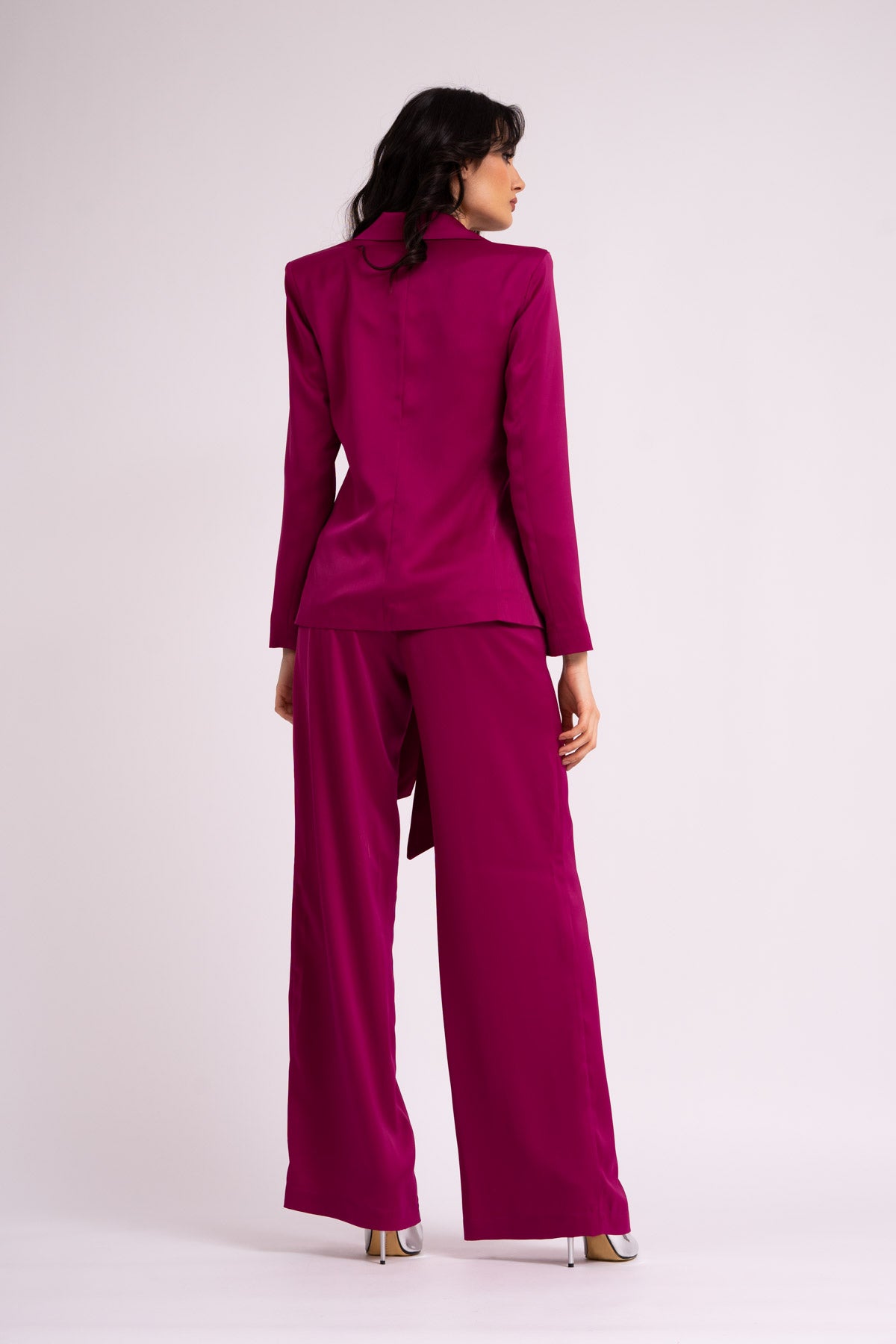 Fuchsia suit with blazer with scarves and wide leg pants