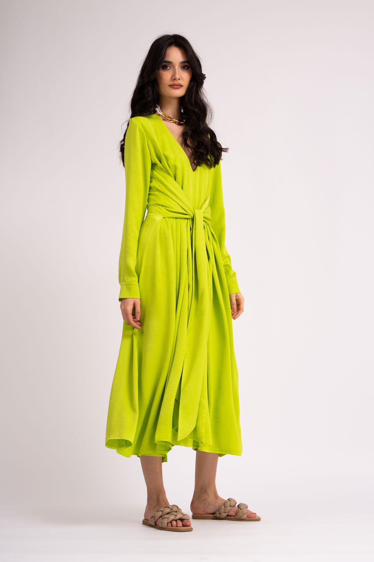 Midi neon dress with scarves and pleats