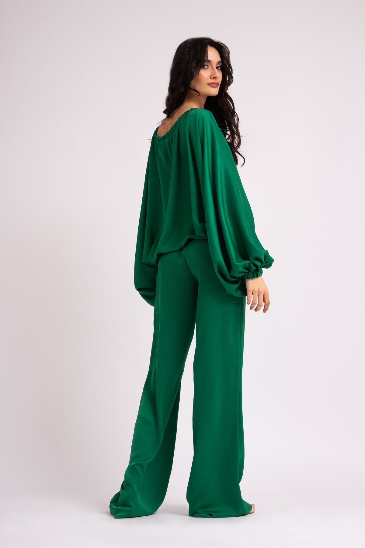 Emerald green set with blouse and wide leg trousers