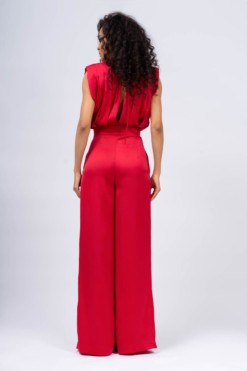 Red Draped Maxi Jumpsuit