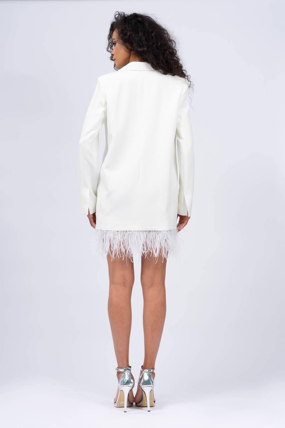 White Mini Blazer Dress with Feathers