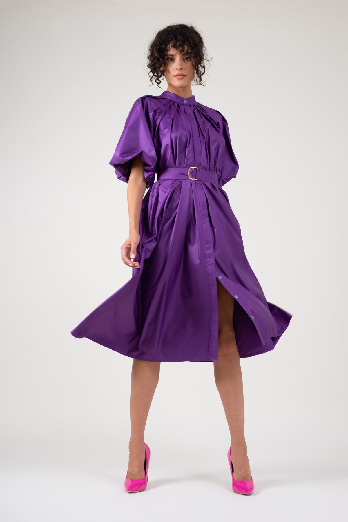 Deep purple dress with raglan sleeve and pleats
