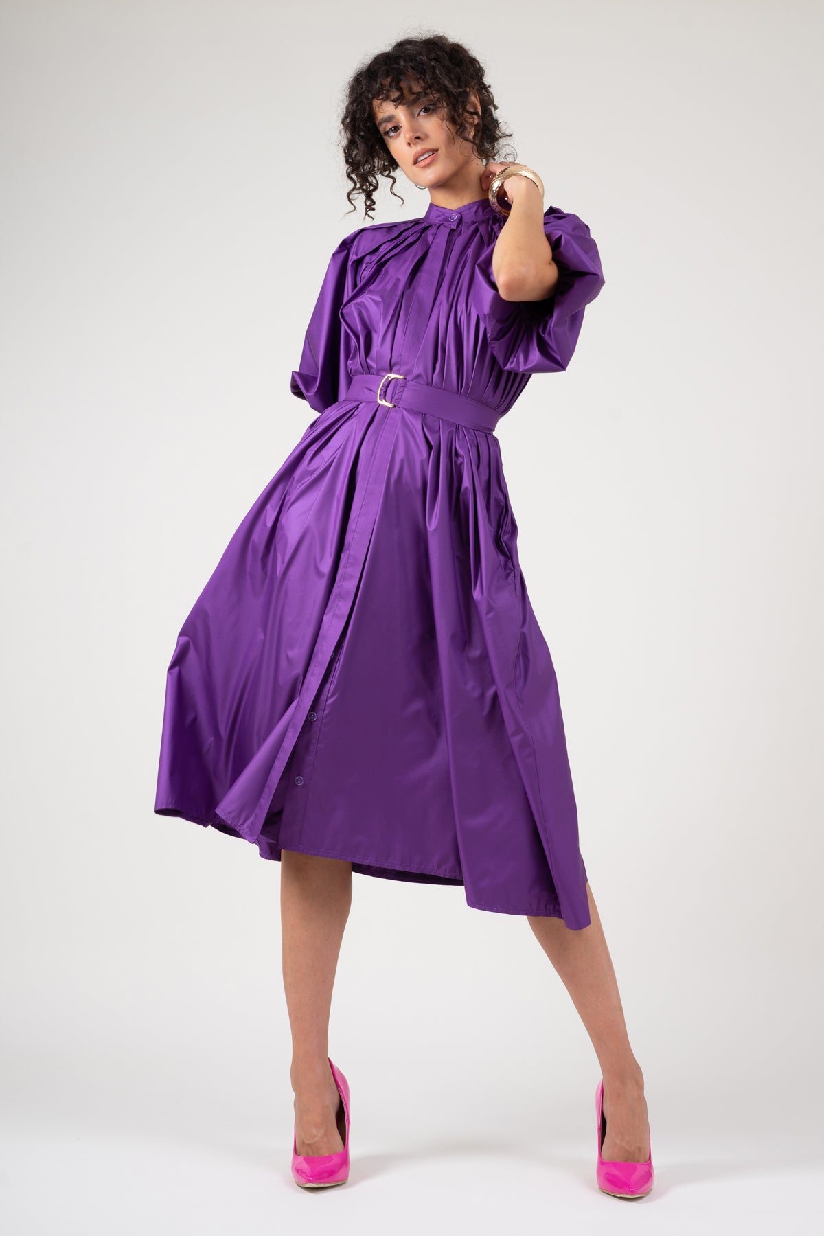 Deep purple dress with raglan sleeve and pleats