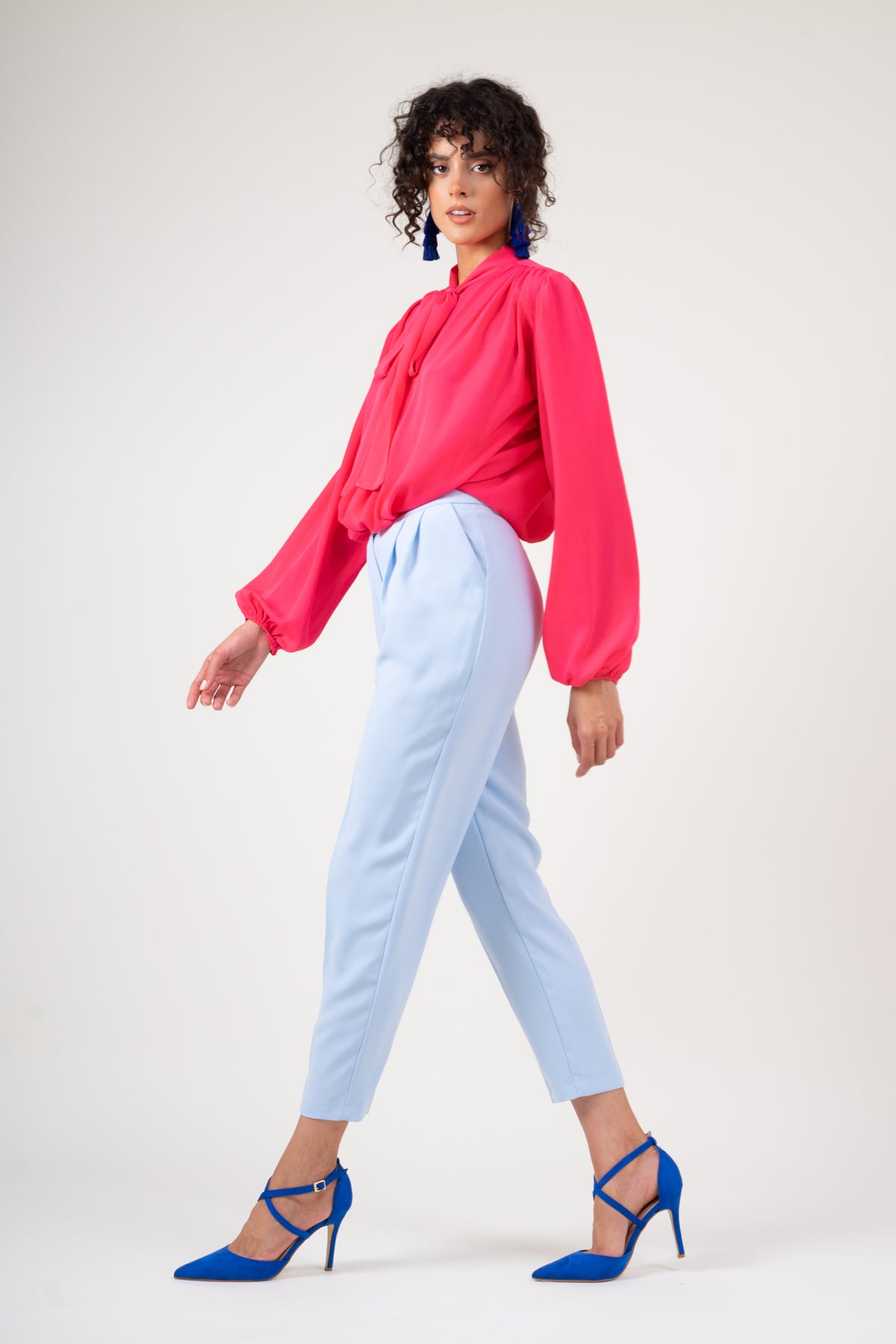 Pink chiffon blouse with draped shoulders & bow ribbon