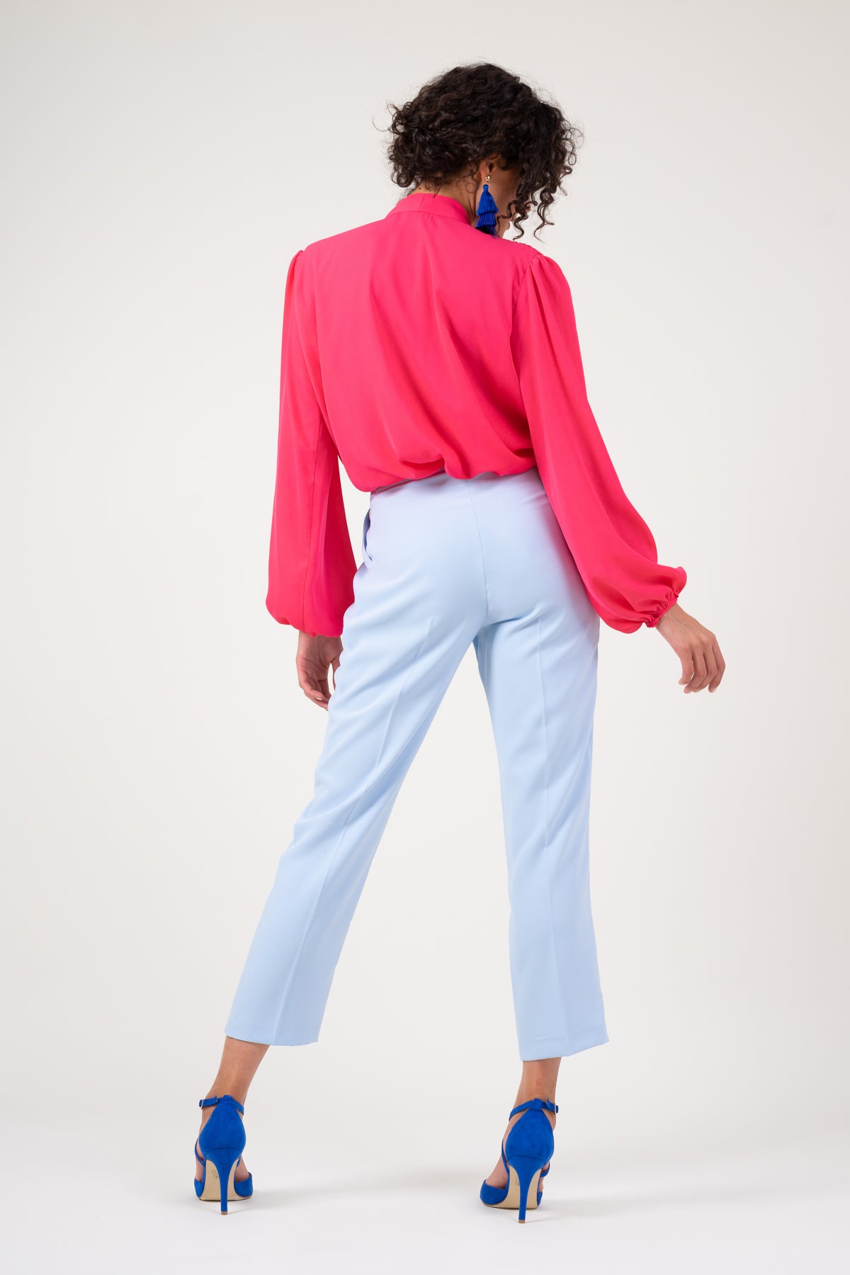 Pink chiffon blouse with draped shoulders & bow ribbon