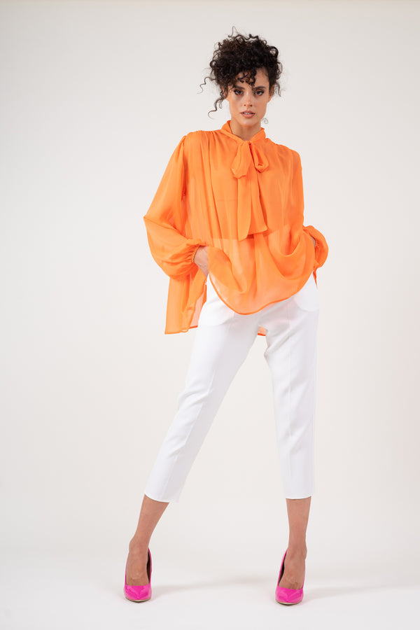 Orange chiffon blouse with draped shoulders & bow ribbon