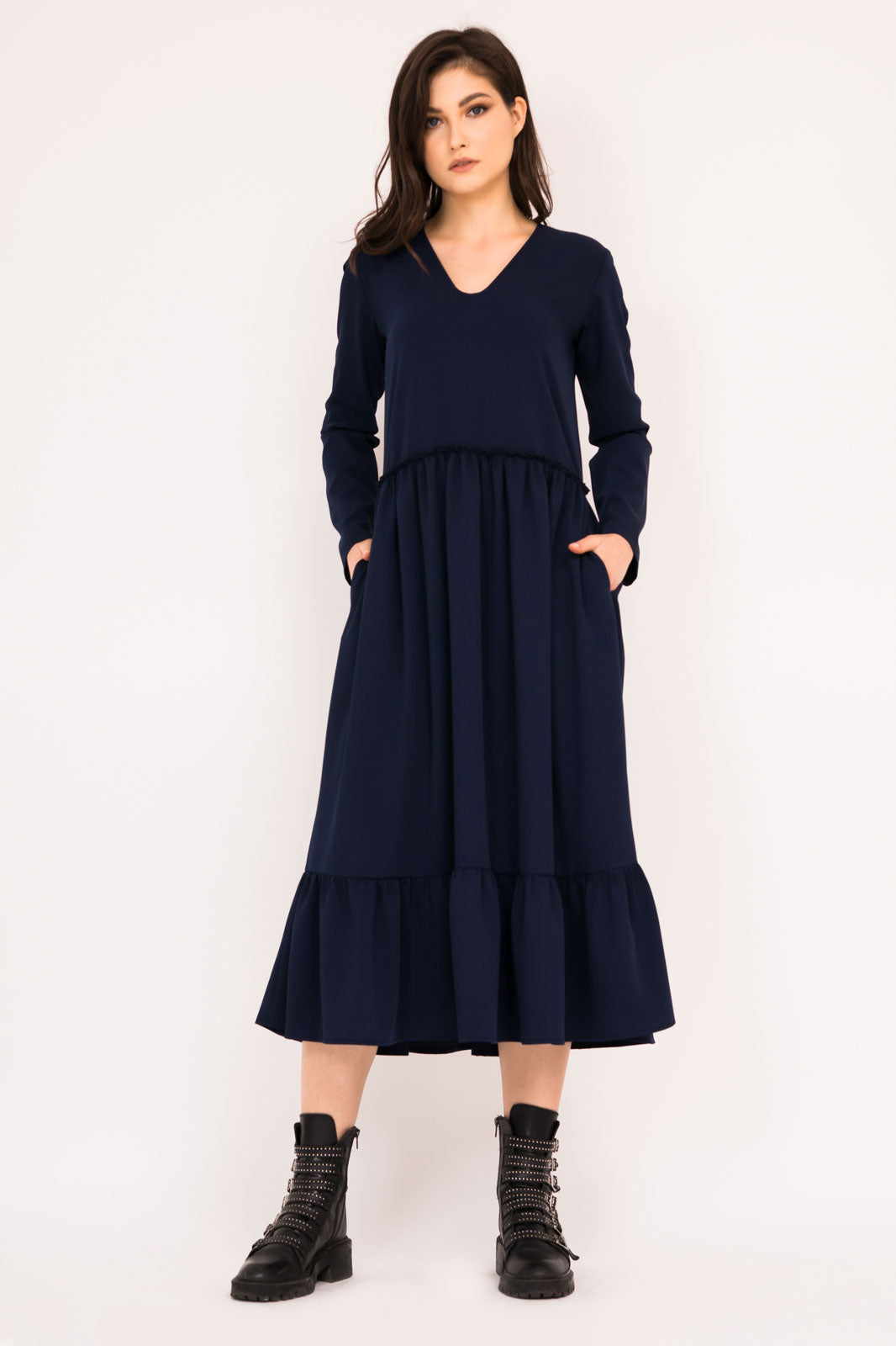 Rochie navy evazata cu buzunare