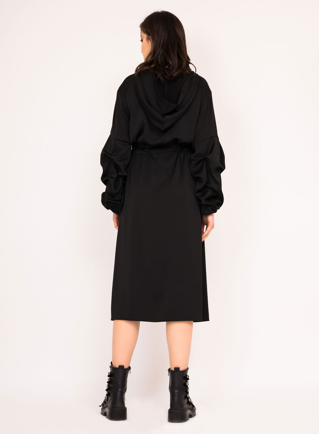 Rochie midi cu maneci bufante si snur in talie