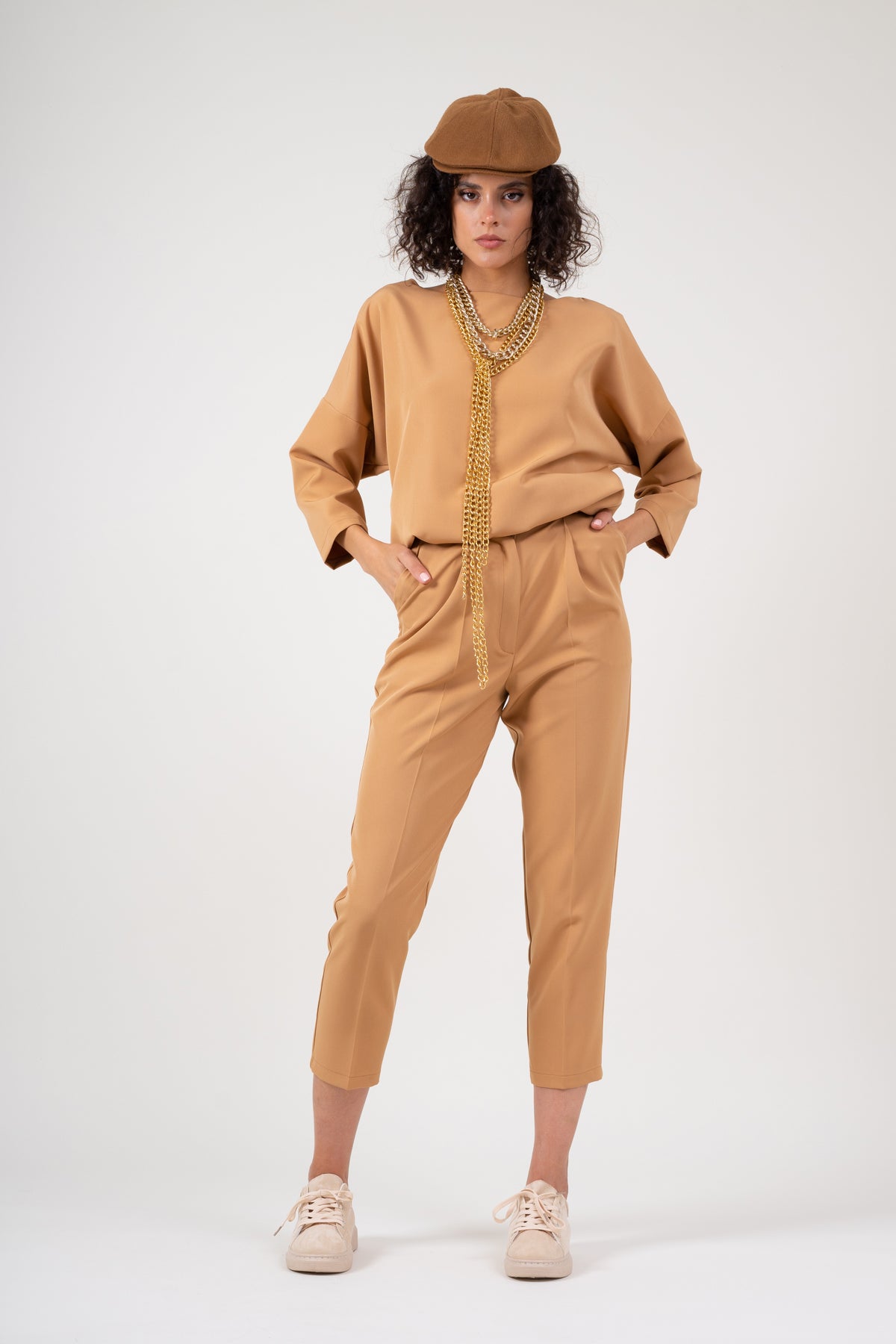 Camel set with blouse and cropped trousers