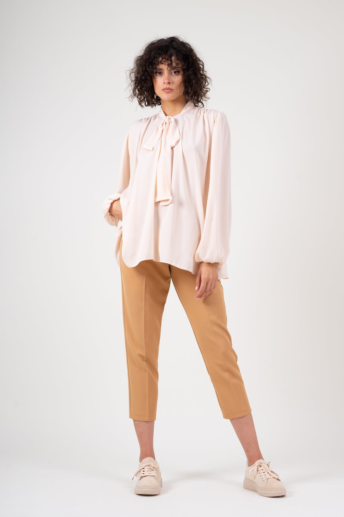 Nude chiffon blouse with draped shoulders & bow ribbon