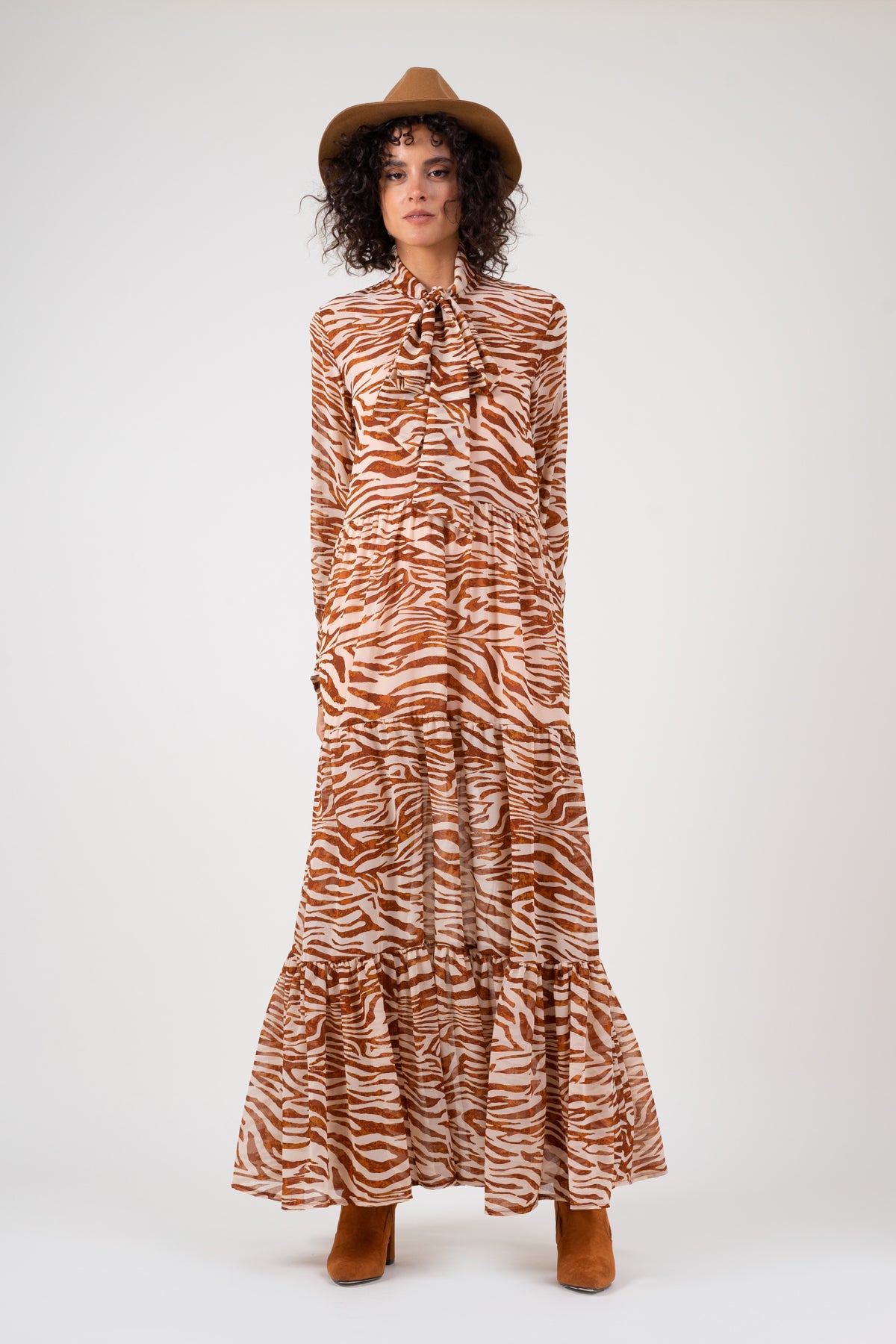 Long zebra print gathered dress with tie cuffs