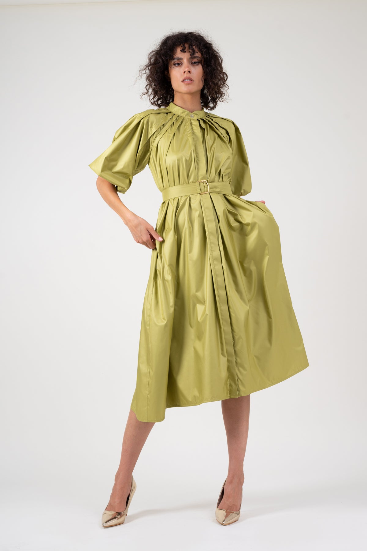 Olive dress with raglan sleeve and pleats