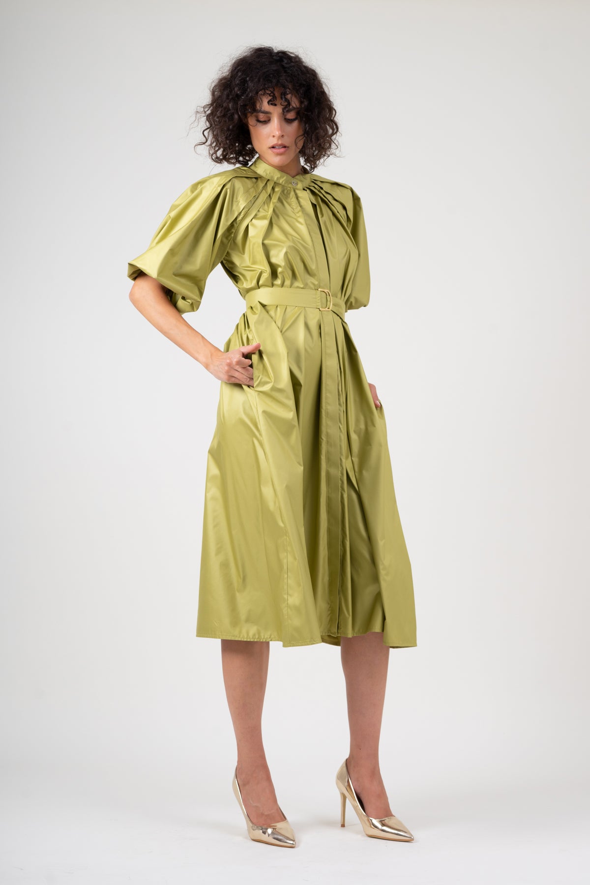 Olive dress with raglan sleeve and pleats