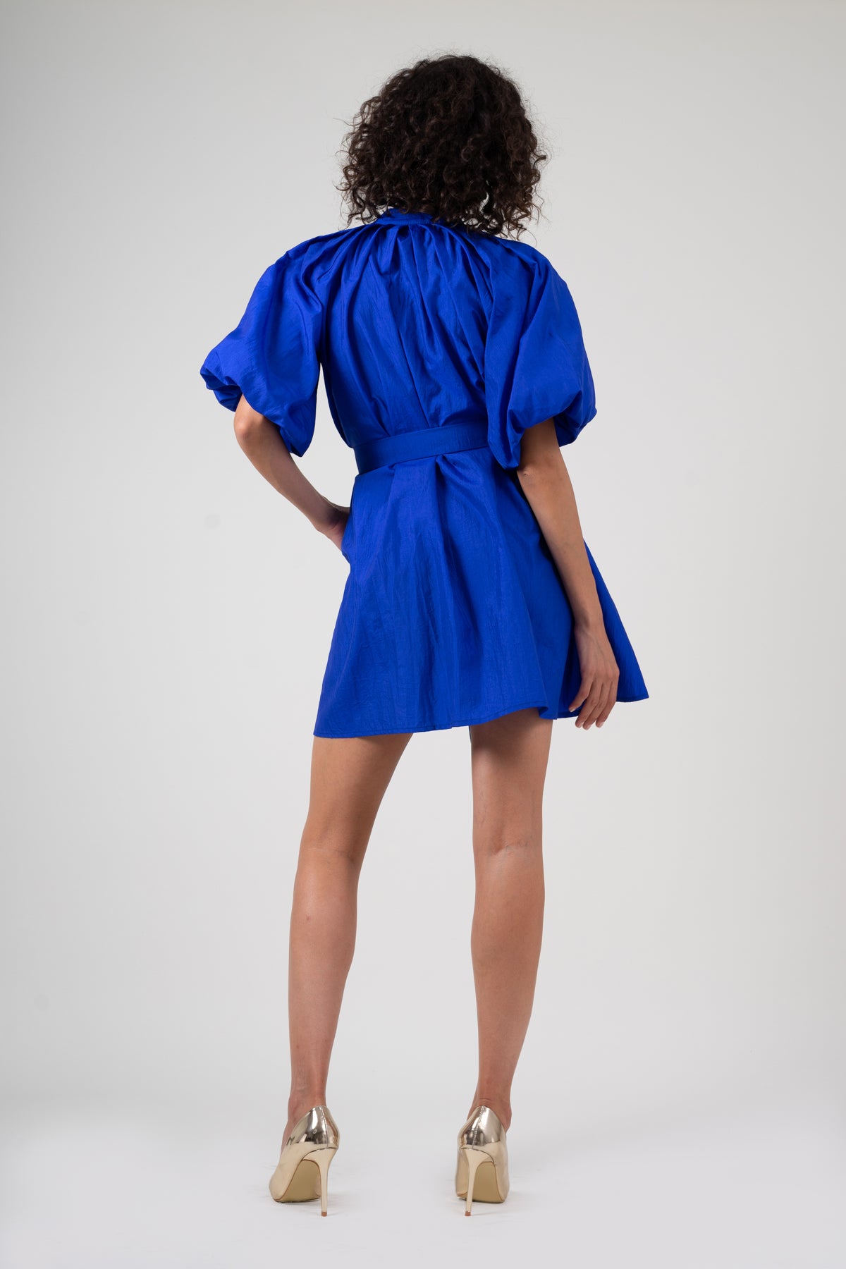 Electric blue mini dress with raglan sleeve and pleats