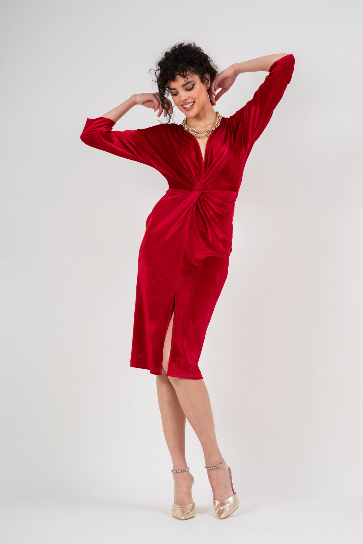 Rochie din catifea rosie cu nod