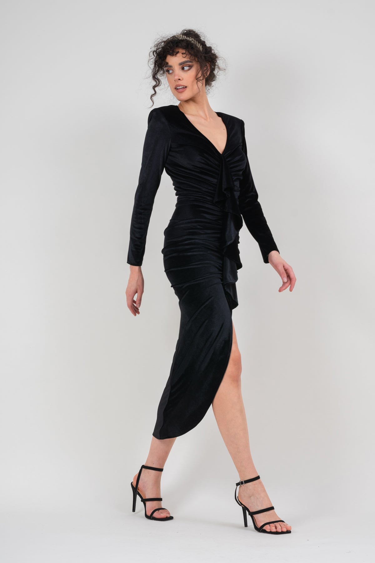 Black velvet maxi dress with ruffle