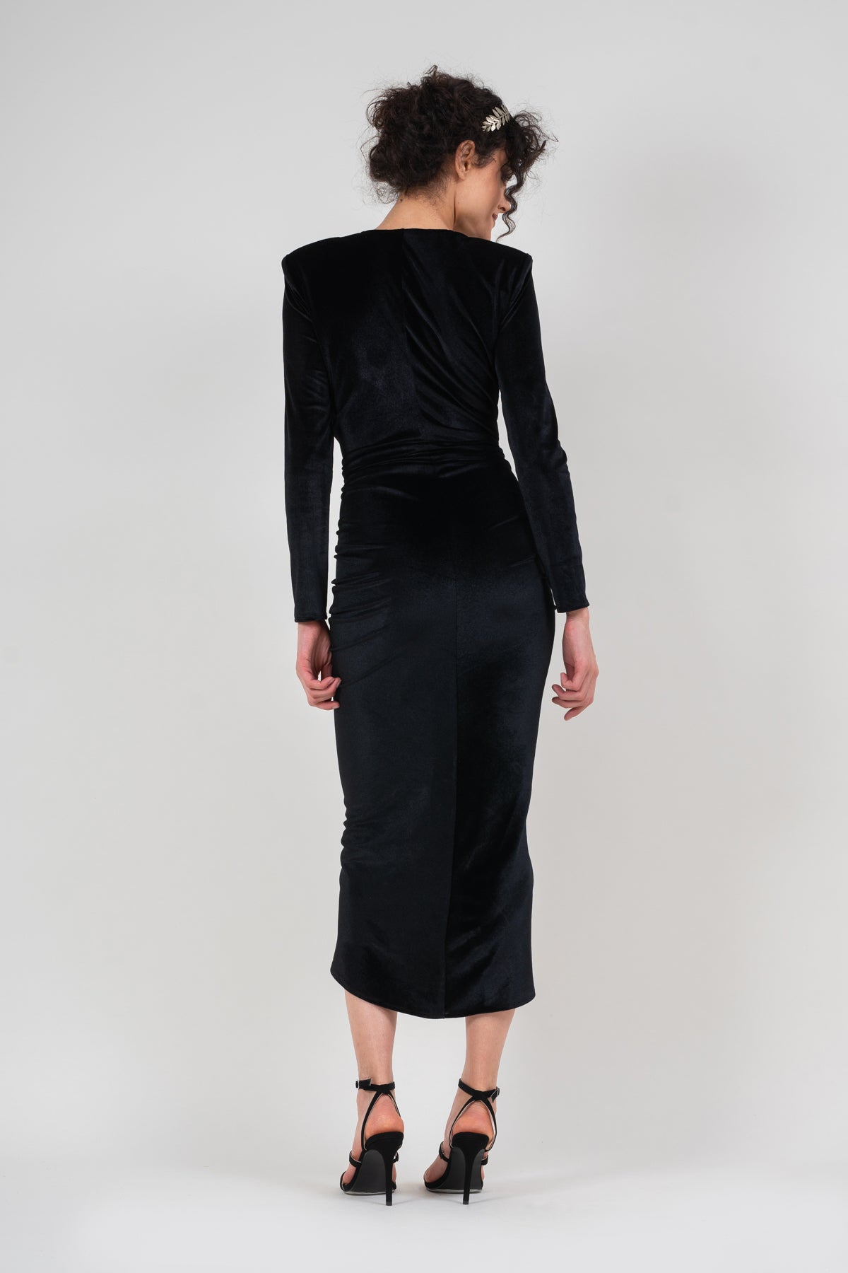 Black velvet maxi dress with ruffle