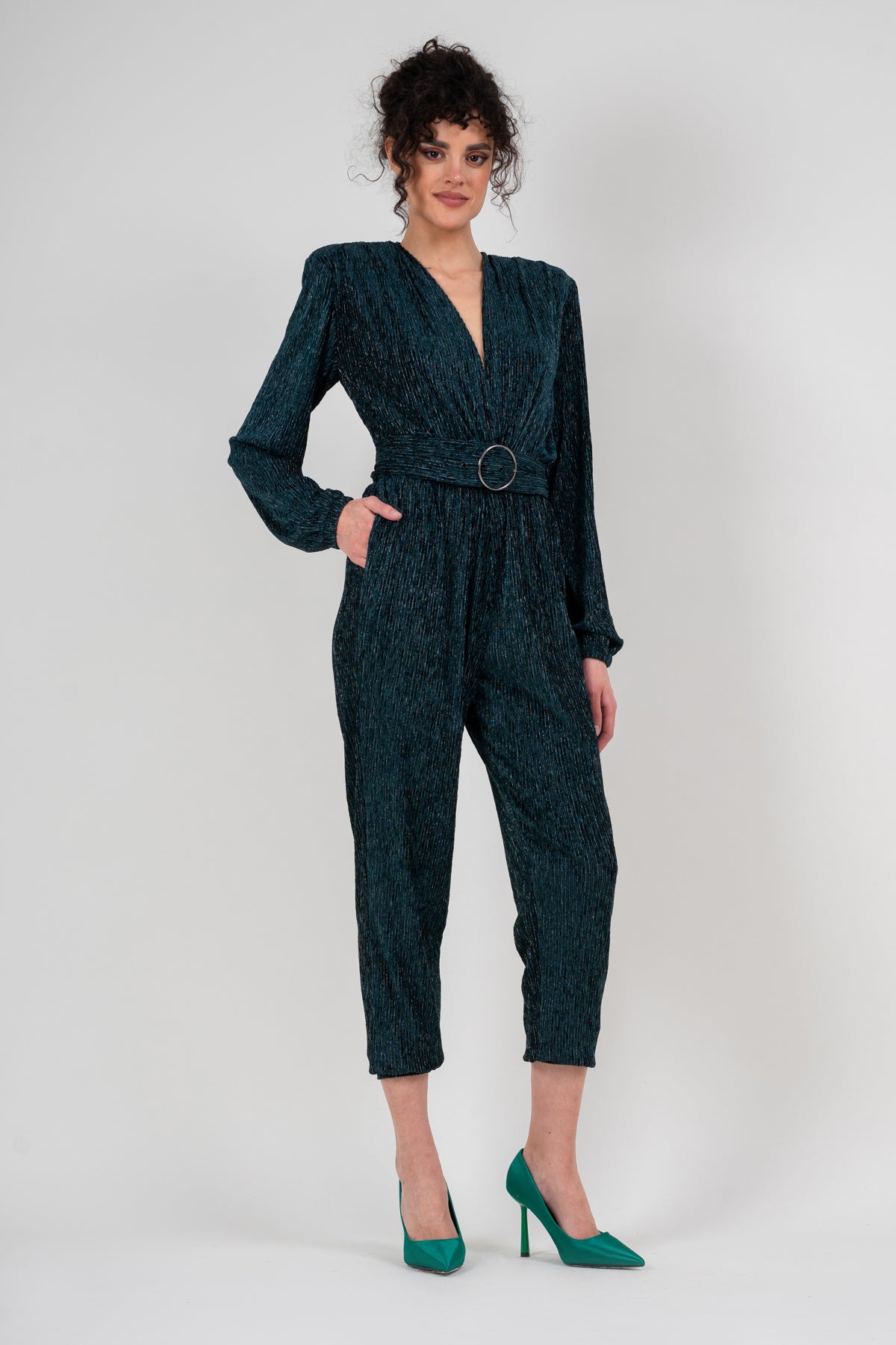 Emerald green jumpsuit with silver inserts