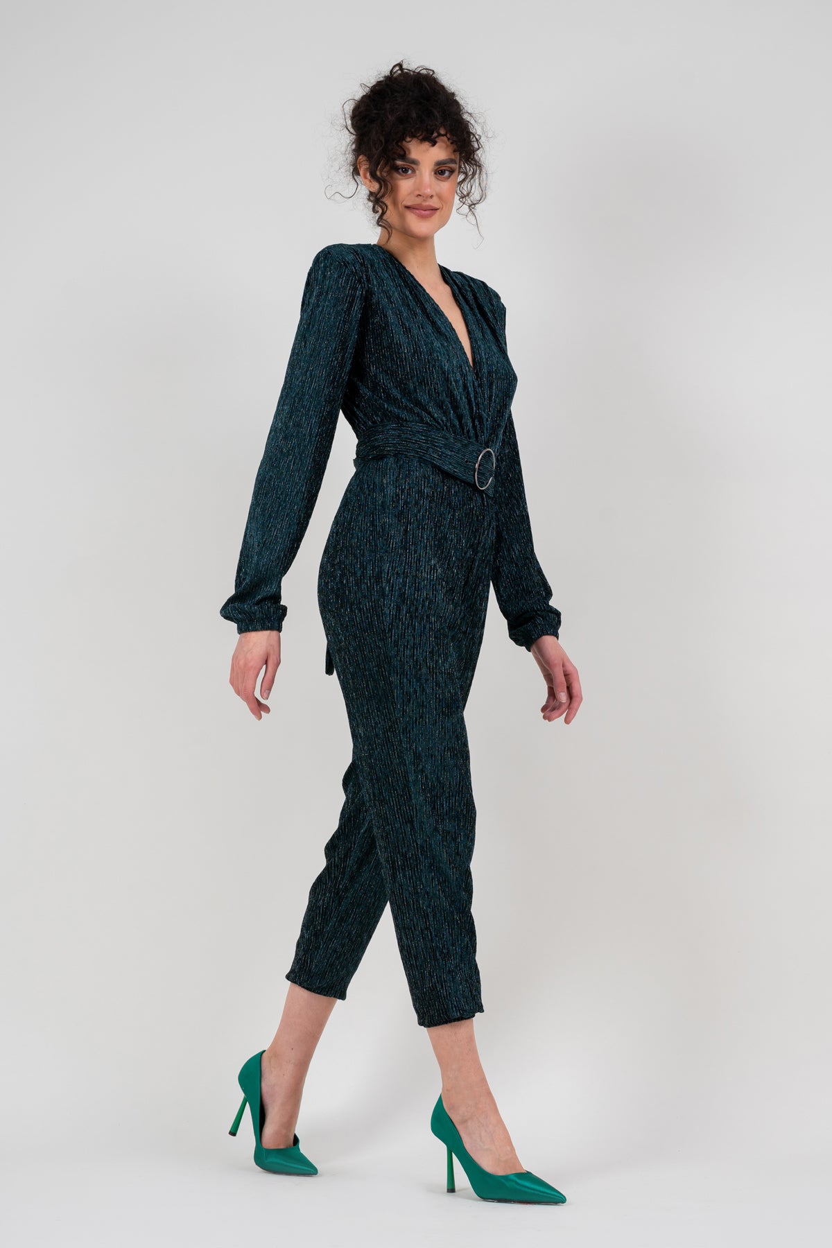 Emerald green jumpsuit with silver inserts