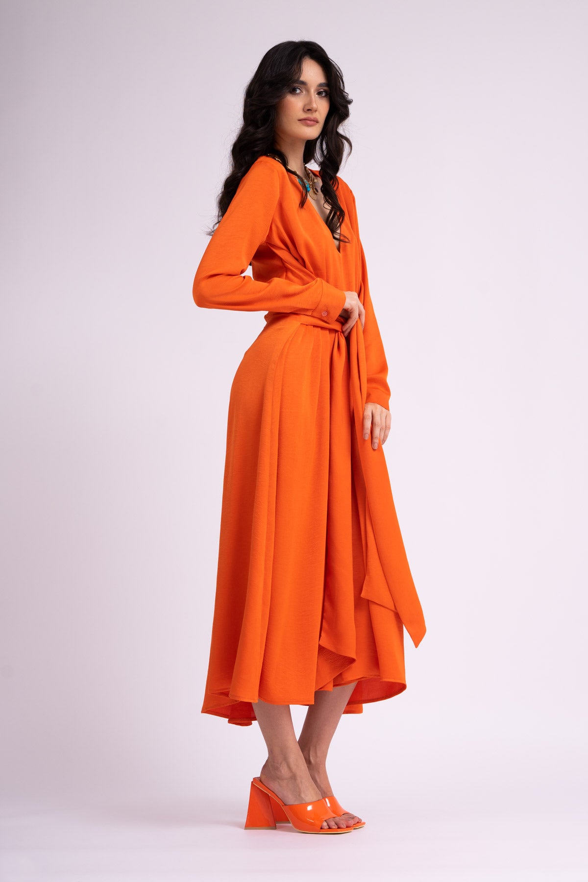 Midi neon orange dress with scarves and pleats