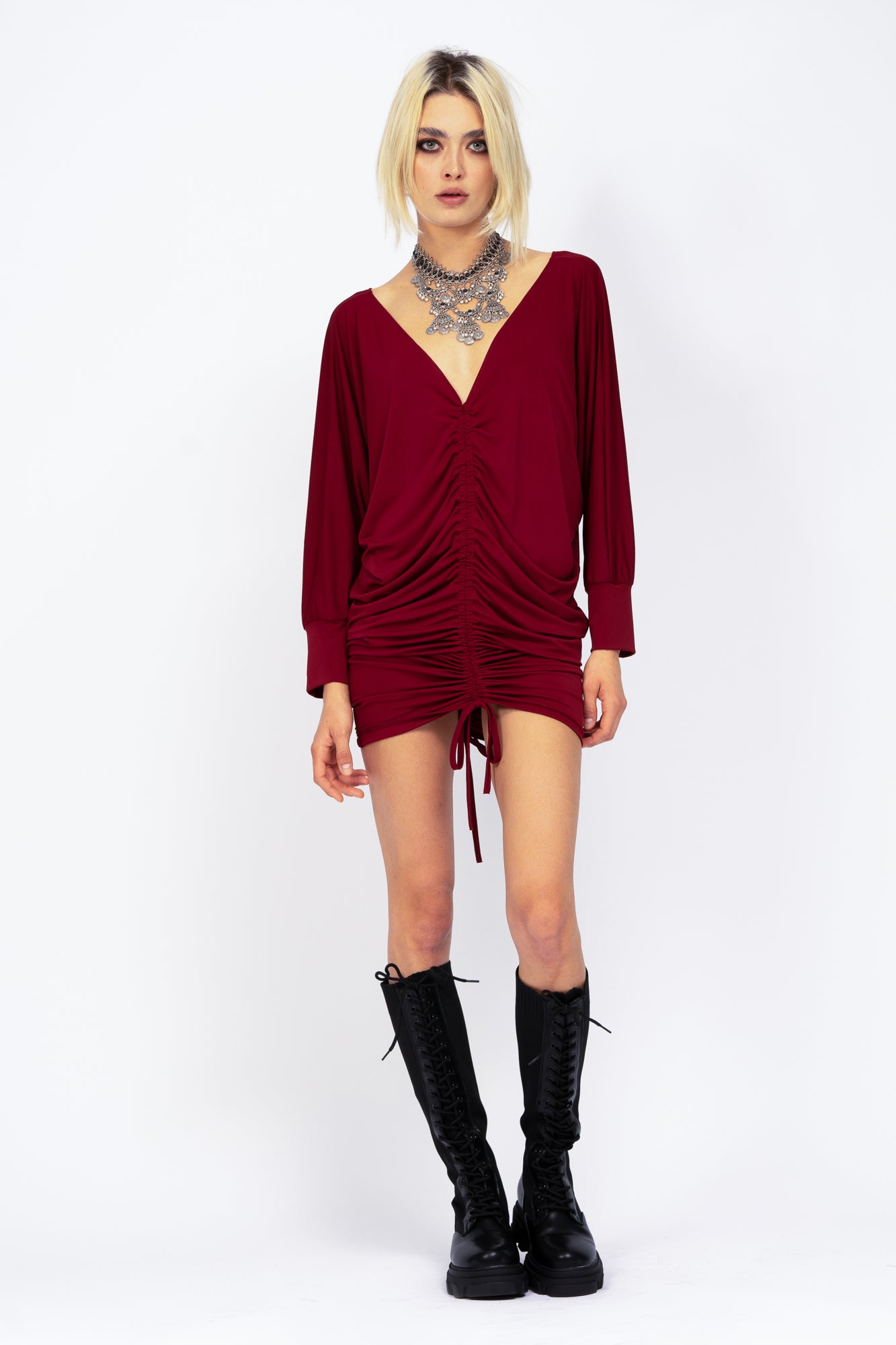 Burgundy dress with adjustable cords
