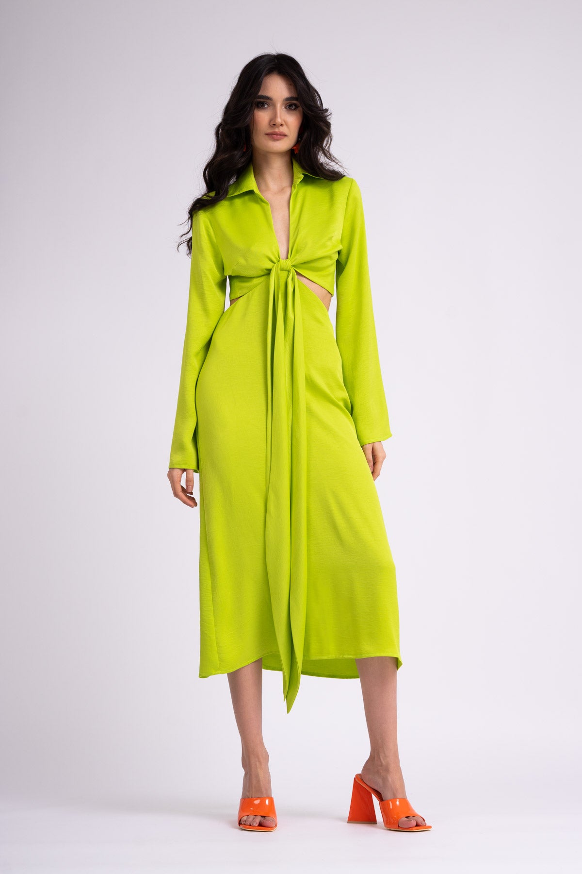 green emerald velvet dress Midi neon green dress with long sleeves and knot