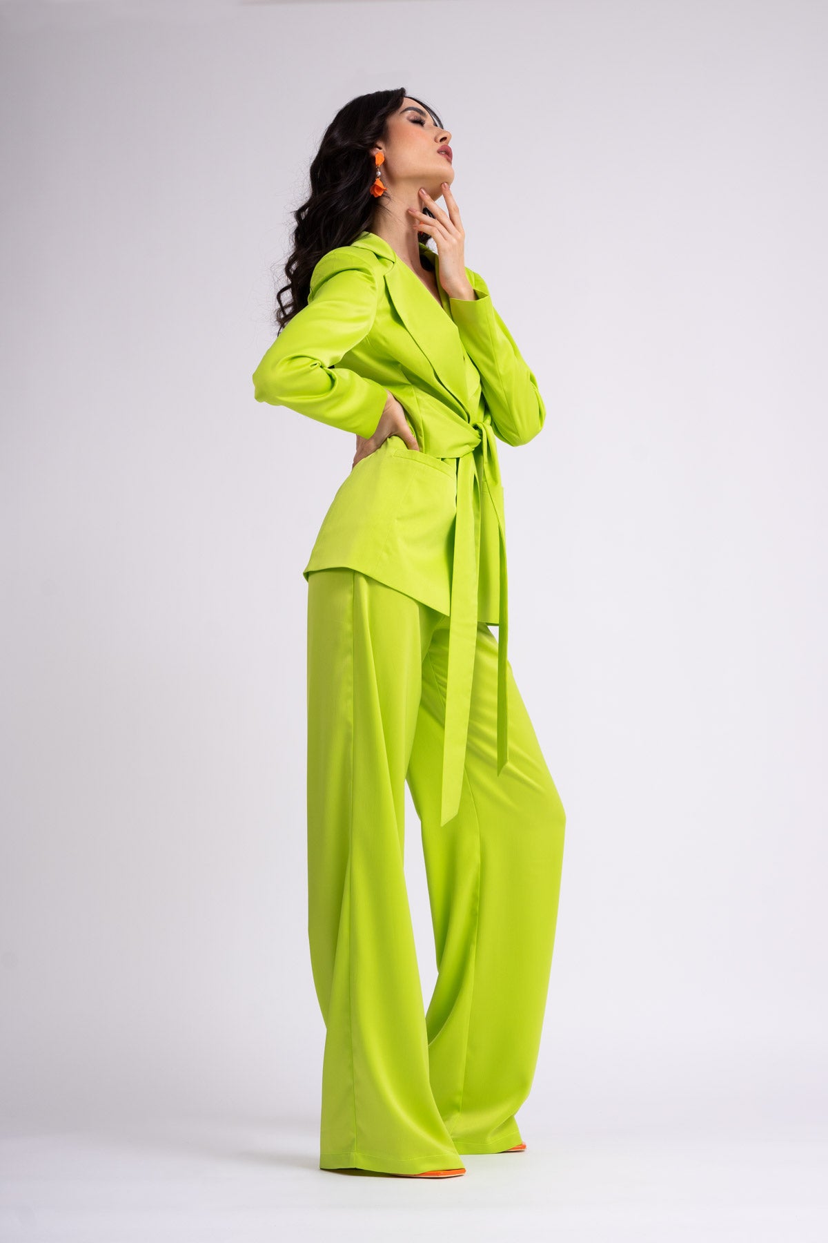Neon green suit with blazer with scarves and wide leg pants