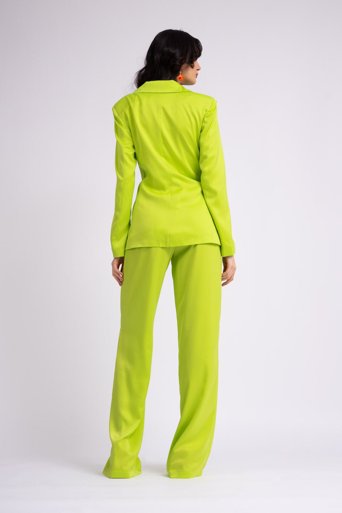 Neon green suit with blazer with scarves and wide leg pants