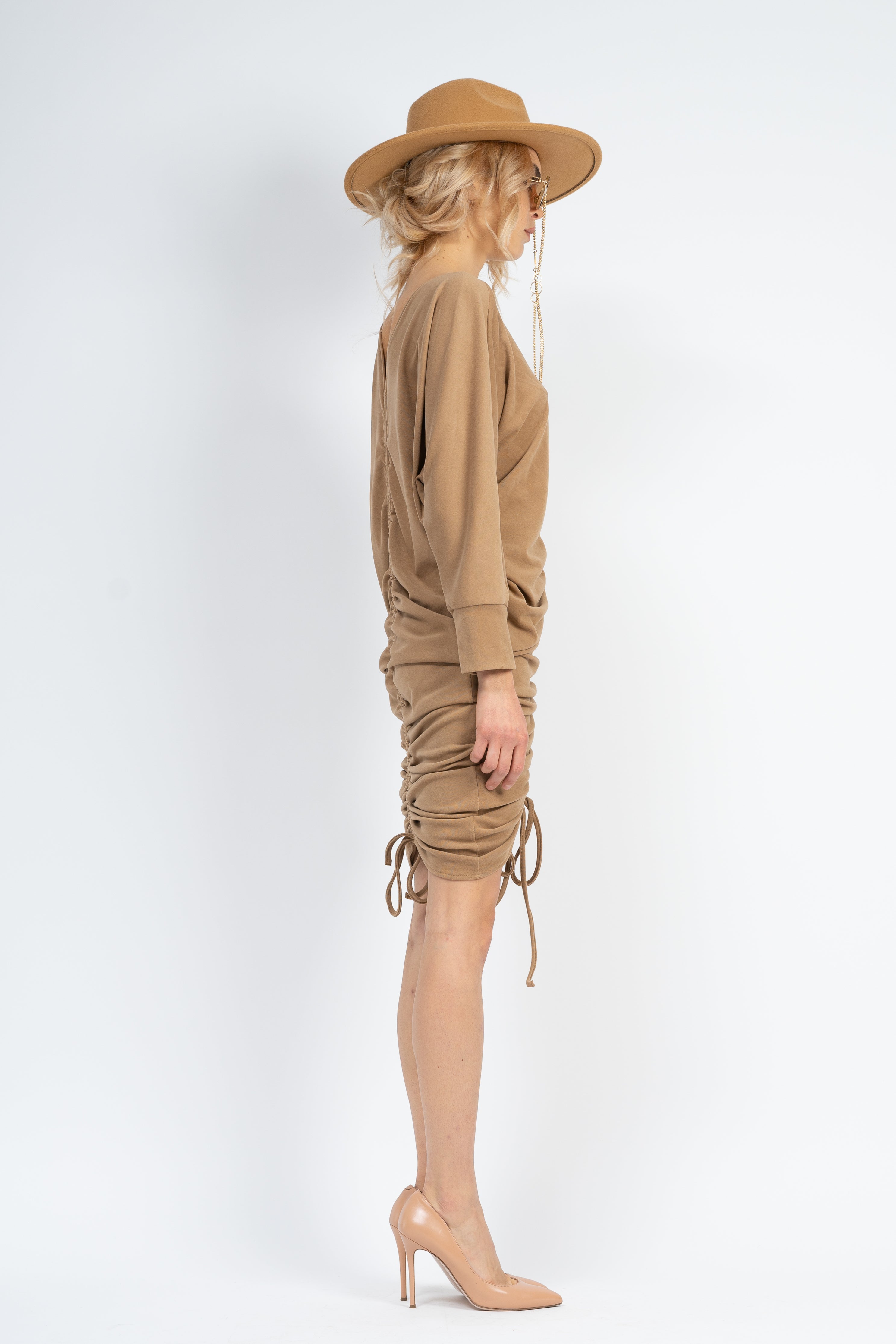 Camel midi dress with adjustable cords