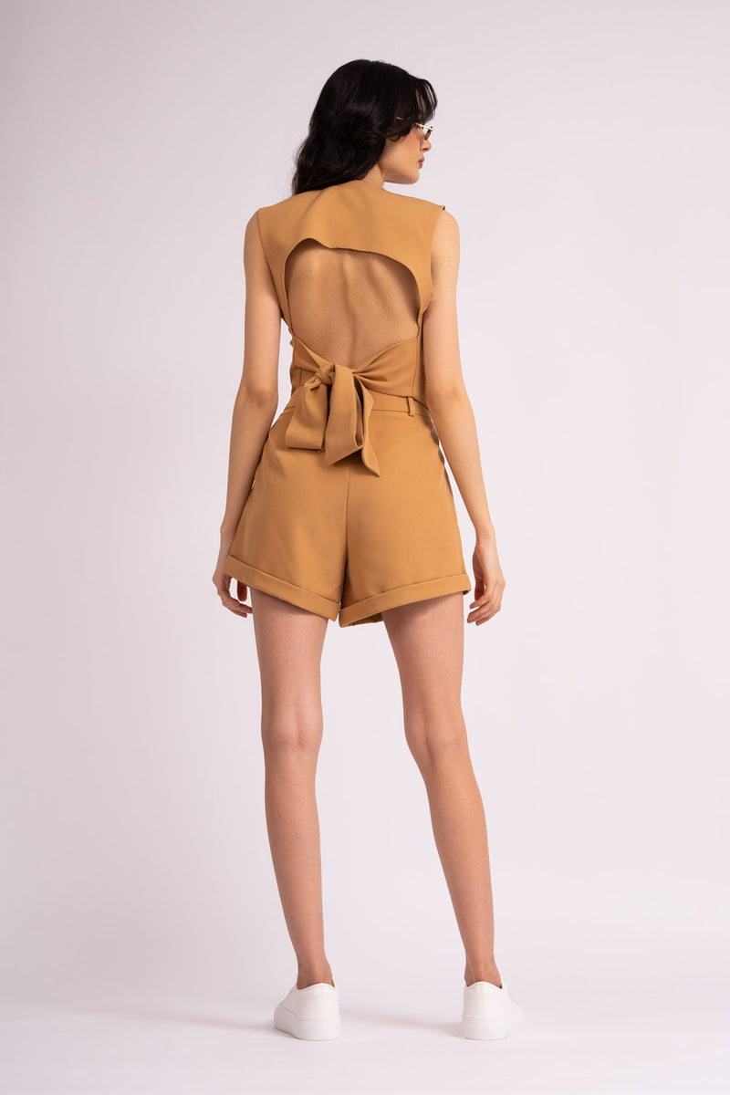 Camel suit with vest and shorts
