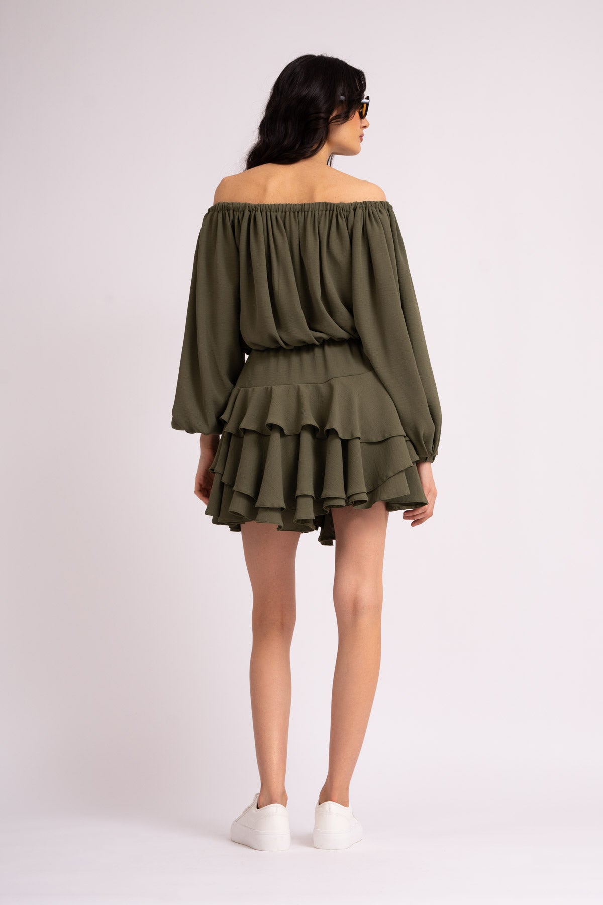 Khaki mini off the shoulders dress