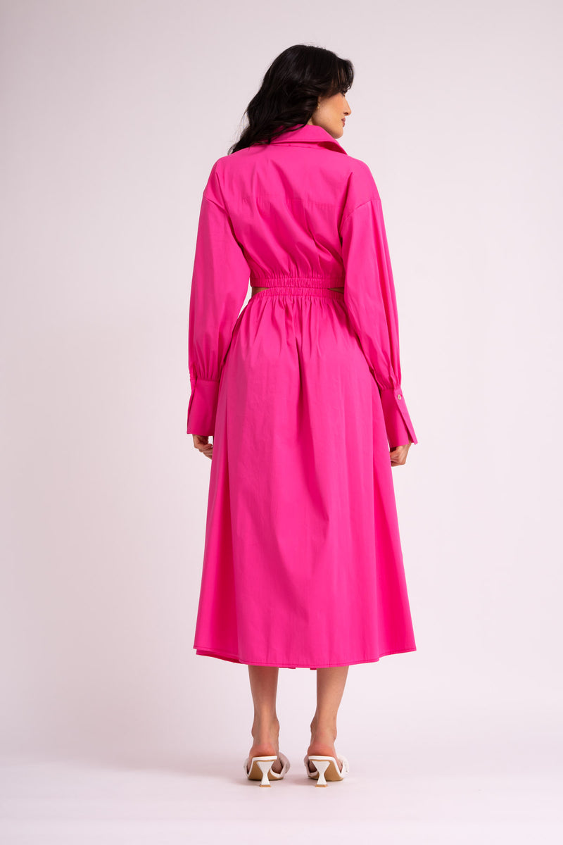 Neon pink midi shirt dress with waist cut-out