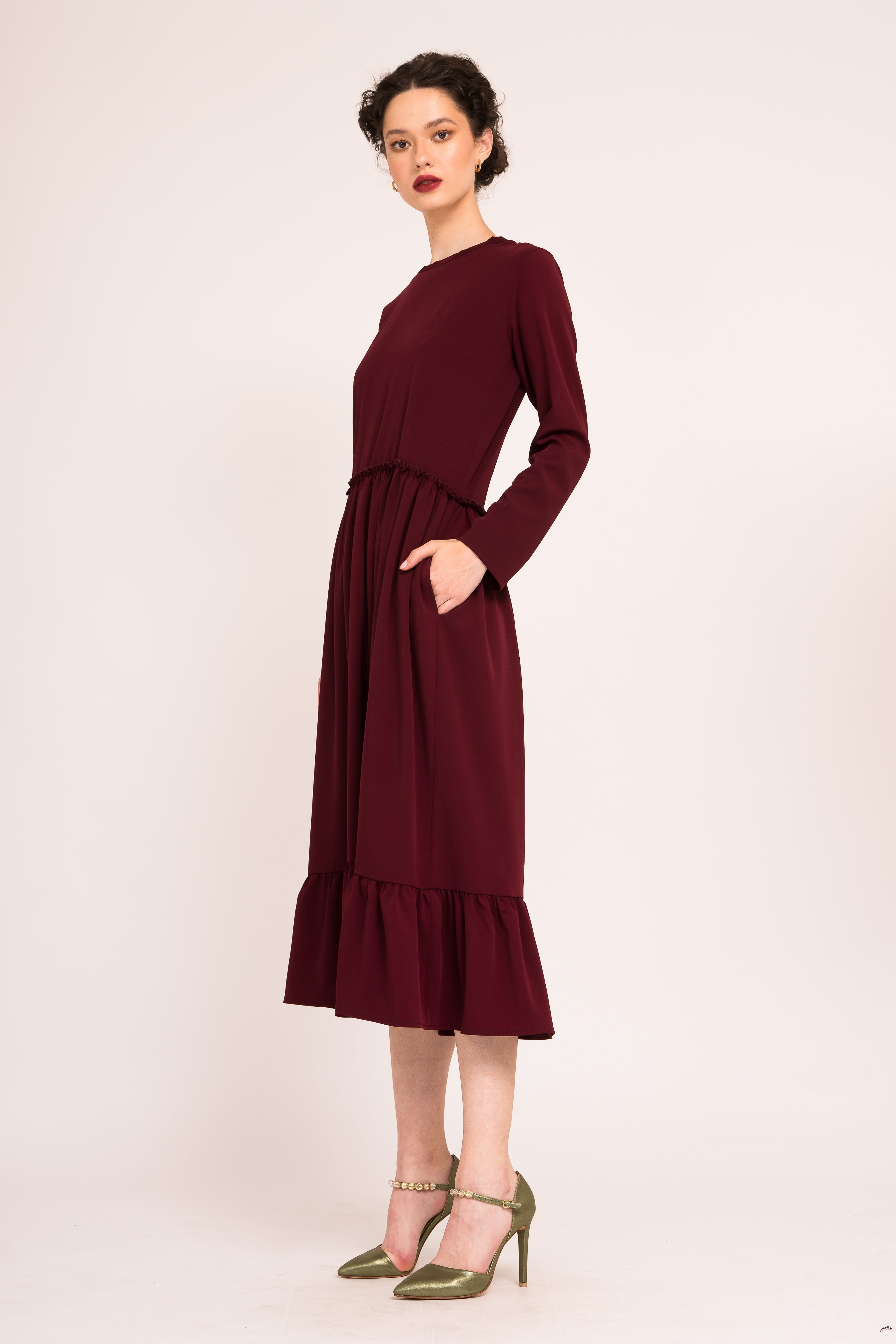 Rochie midi cu maneci lungi bordo