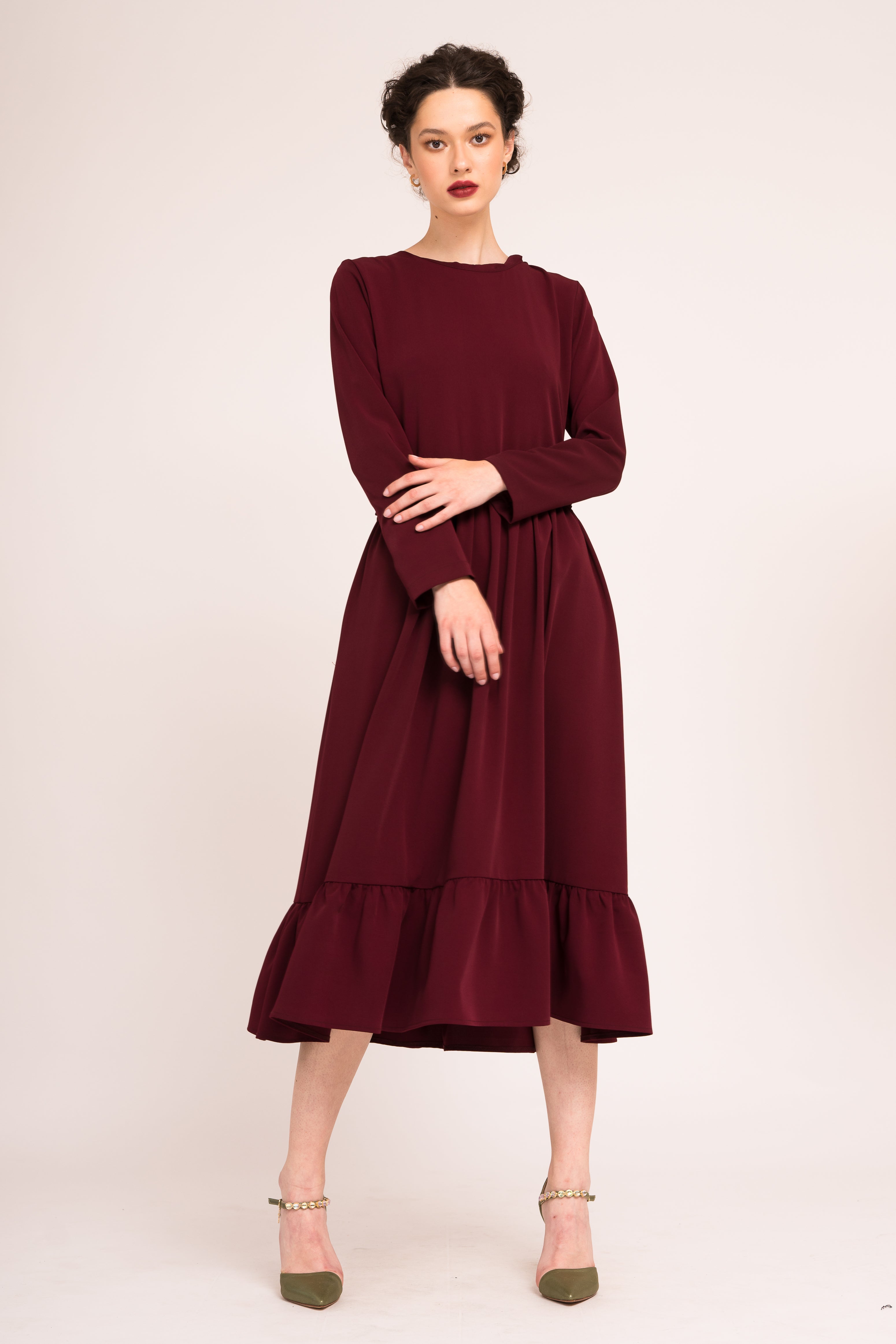 Rochie midi cu maneci lungi bordo