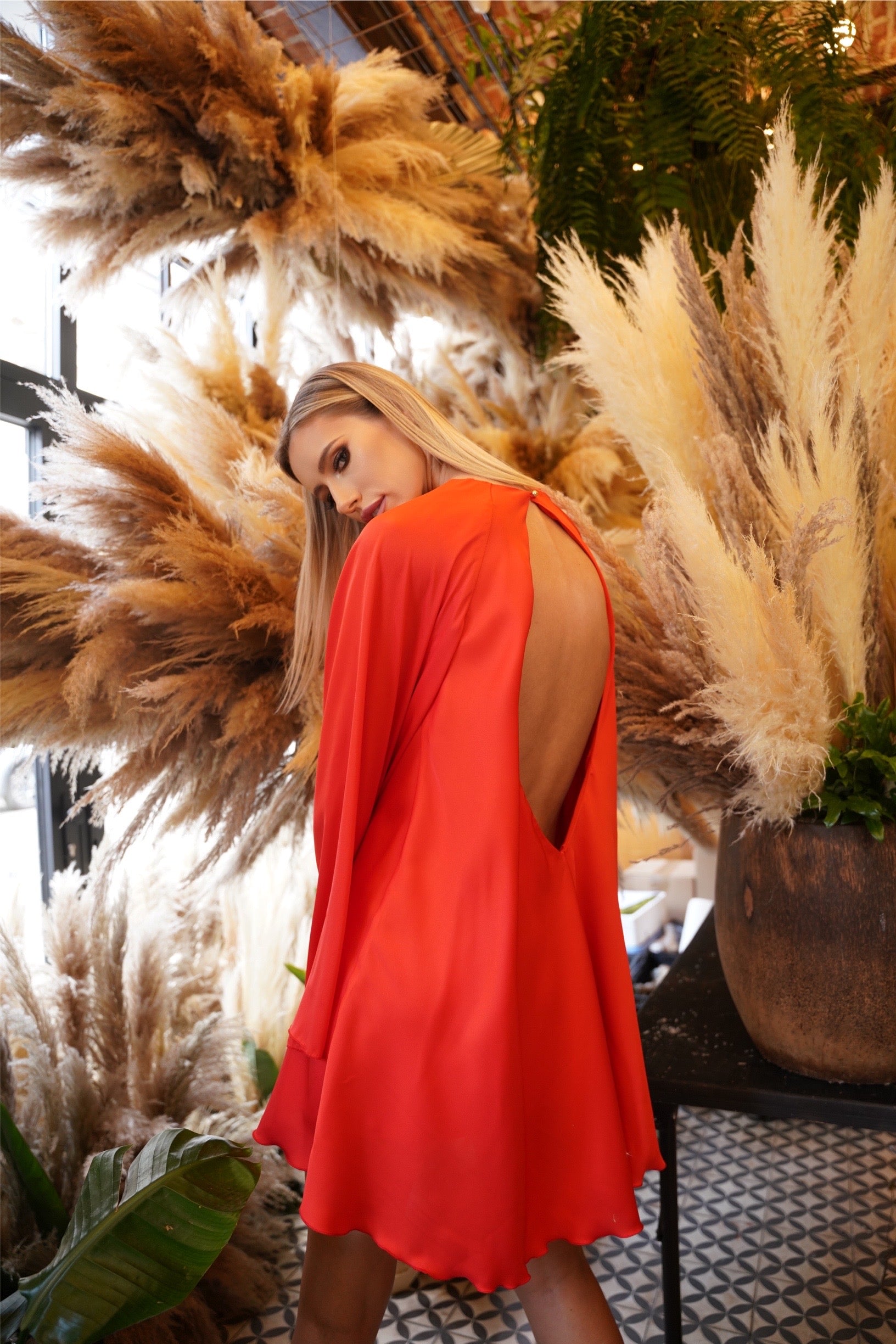 Red backless fluid dress