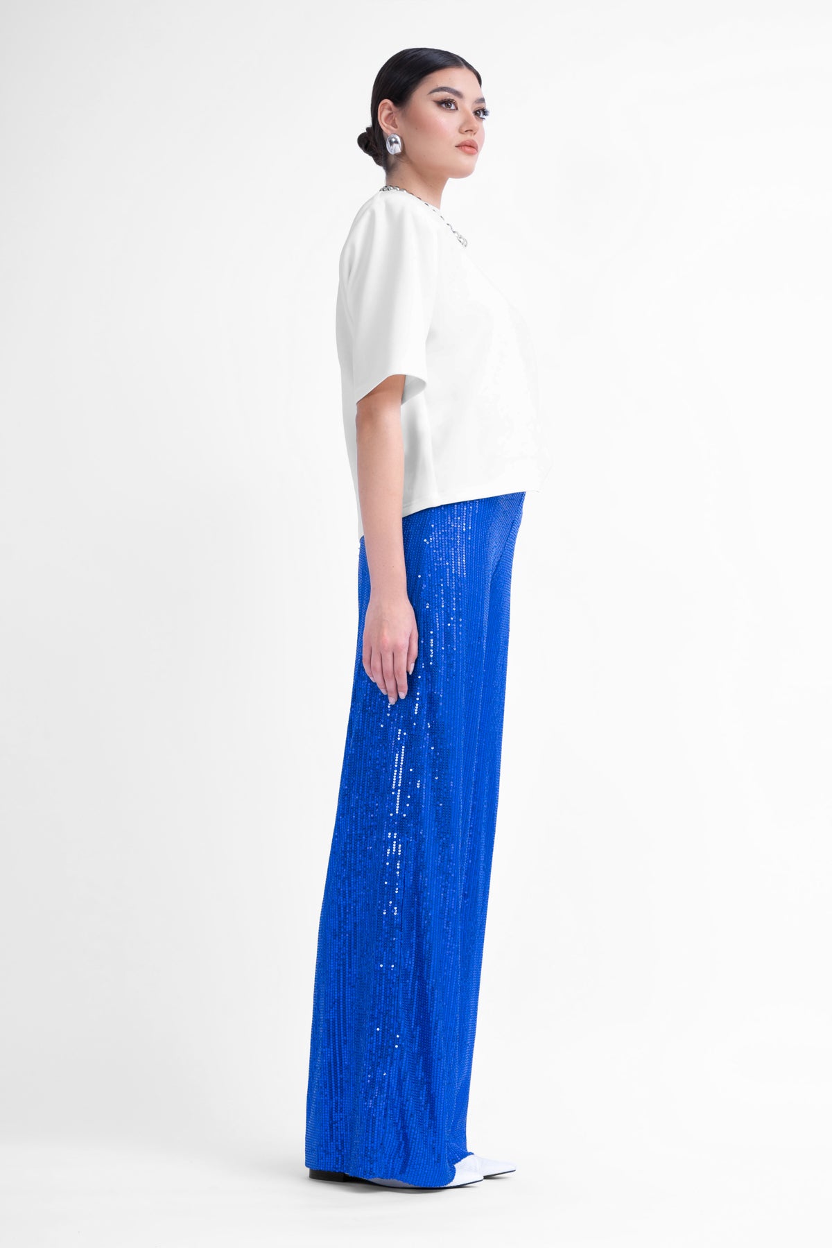 Electric blue sequin embellished high-waist trousers