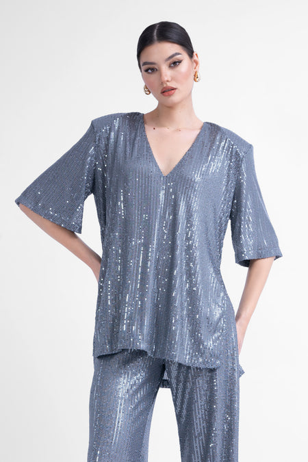 Oversized grey sequined blouse with side slit