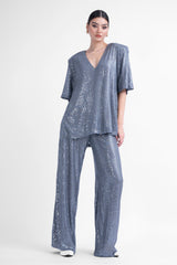 Grey sequin matching set with blouse and wide leg trousers