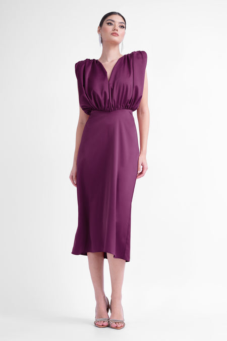 Rochie midi burgundy cu bust drapat in V