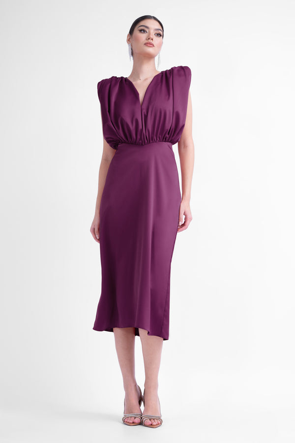 Burgundy midi dress with v-shaped draped bodice