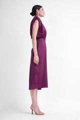Burgundy midi dress with v-shaped draped bodice