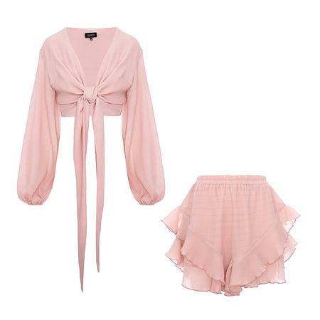 Dusty Rose Ruffle Two-Piece Set with Balloon Sleeves