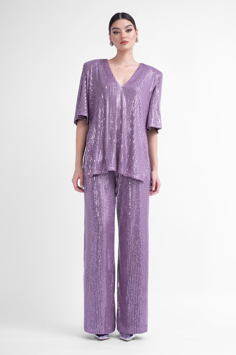 Lilac sequin matching set with blouse and wide leg trousers