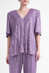 Oversized lilac sequined blouse with side slits
