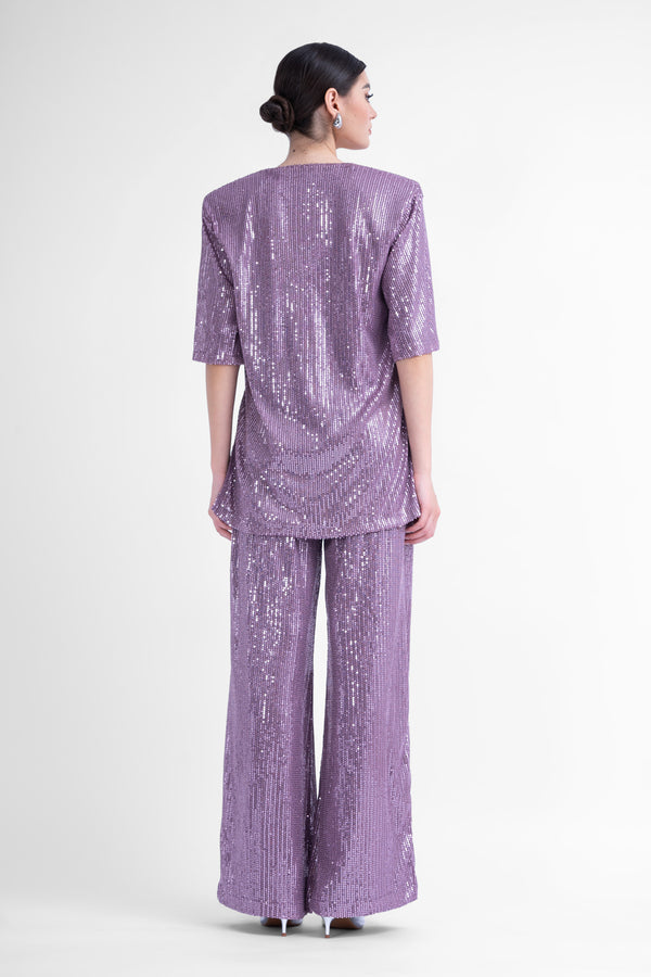 Lilac sequin matching set with blouse and wide leg trousers