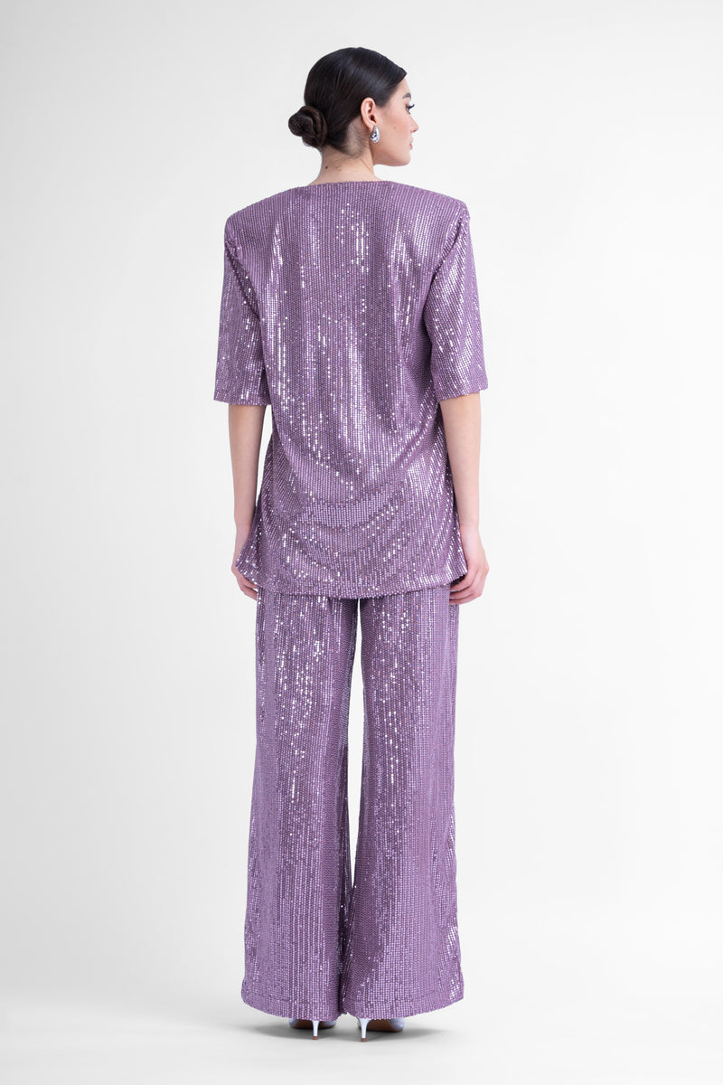 Oversized lilac sequined blouse with side slits