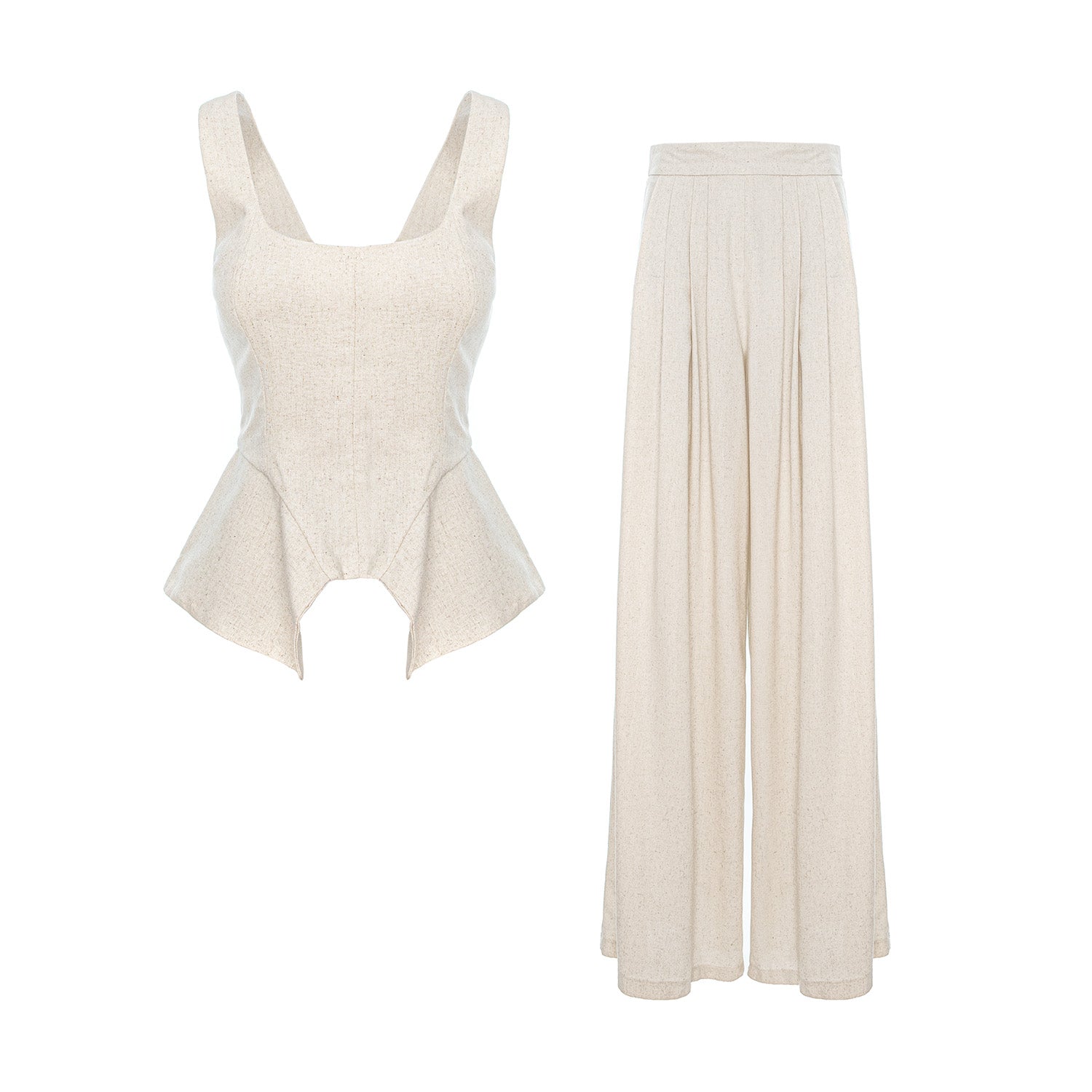 Cream Linen-Style Set with Wide Legs