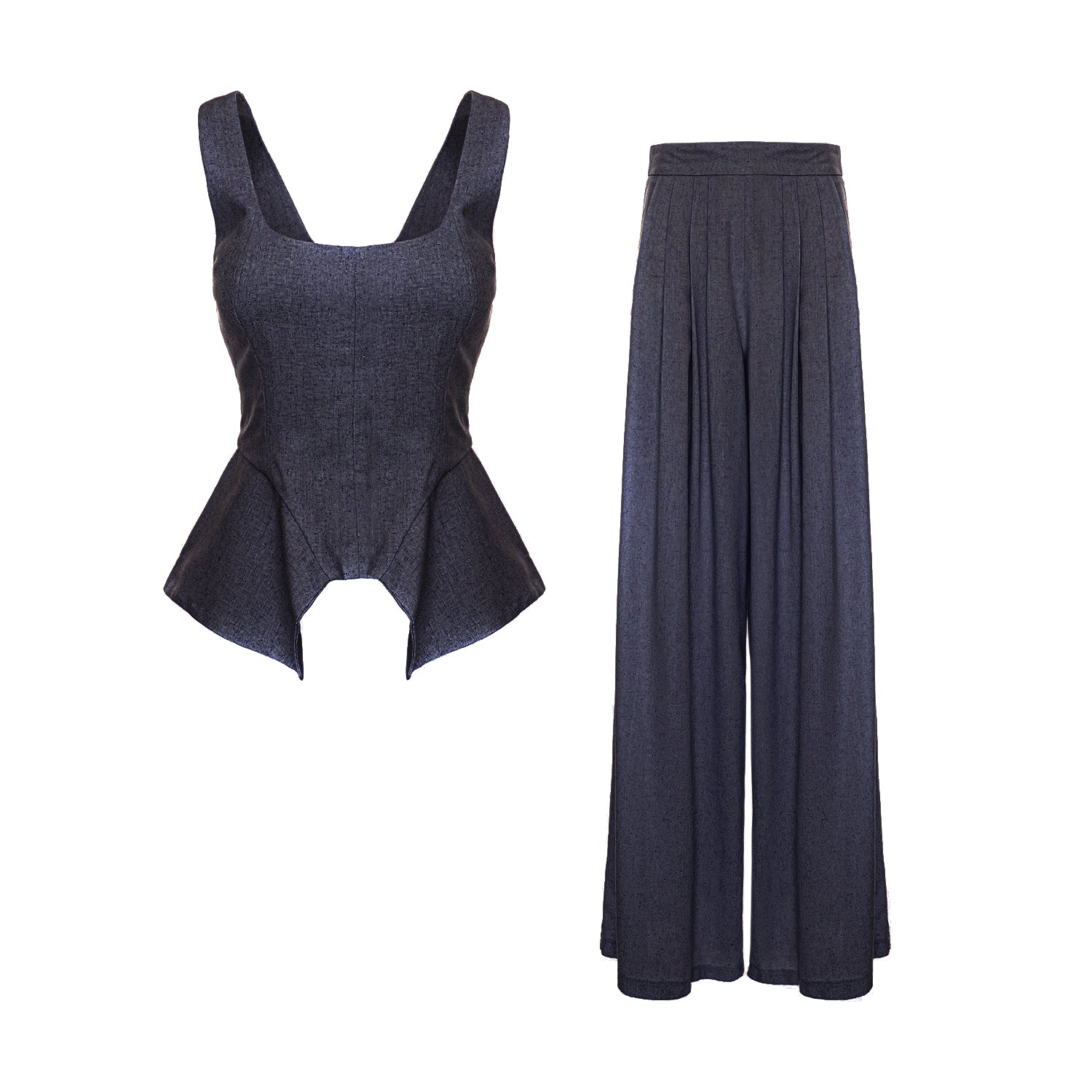 Navy Blue Linen-Style Set with Wide Legs