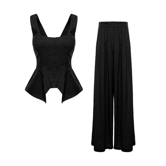 Set negru corset din in și pantaloni largi