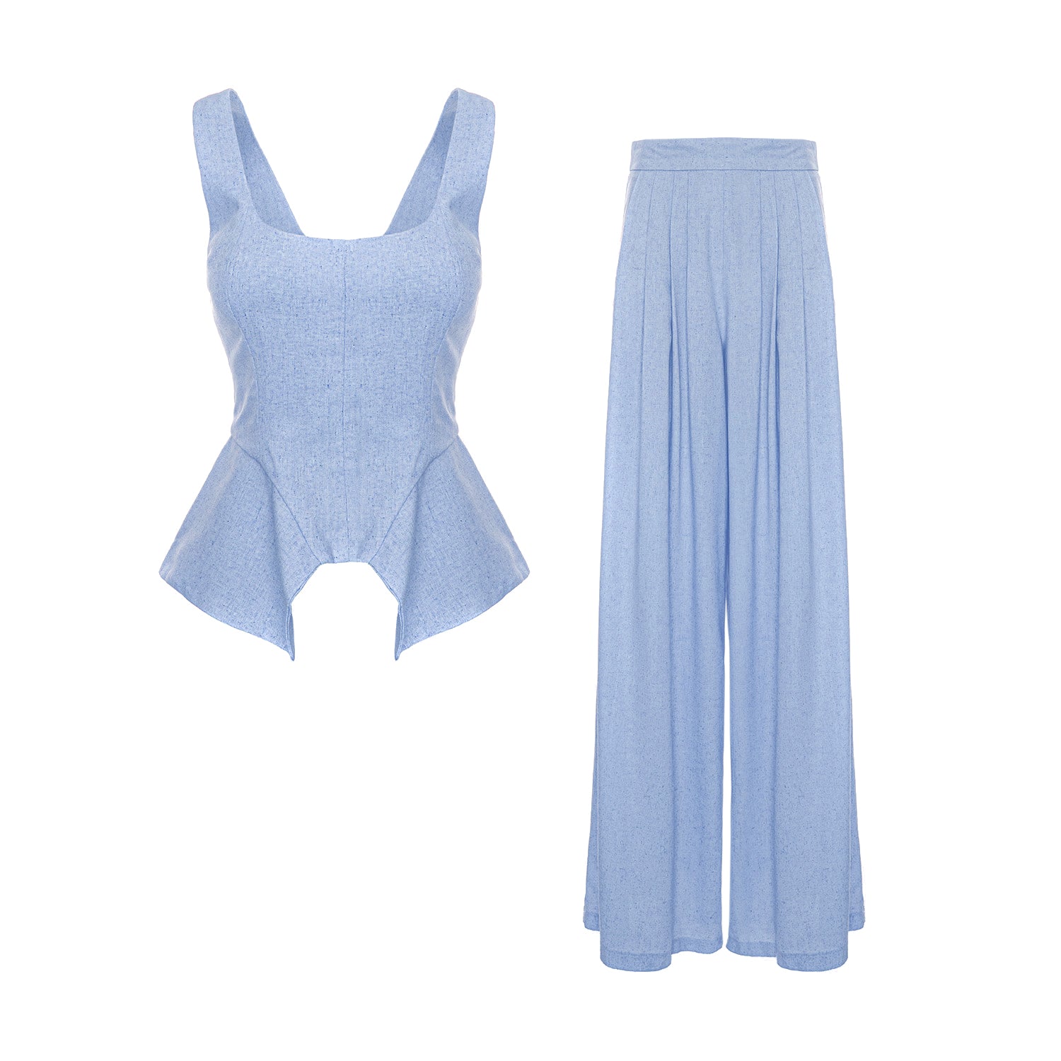 Ocean Blue Linen-Style Set with Wide Legs